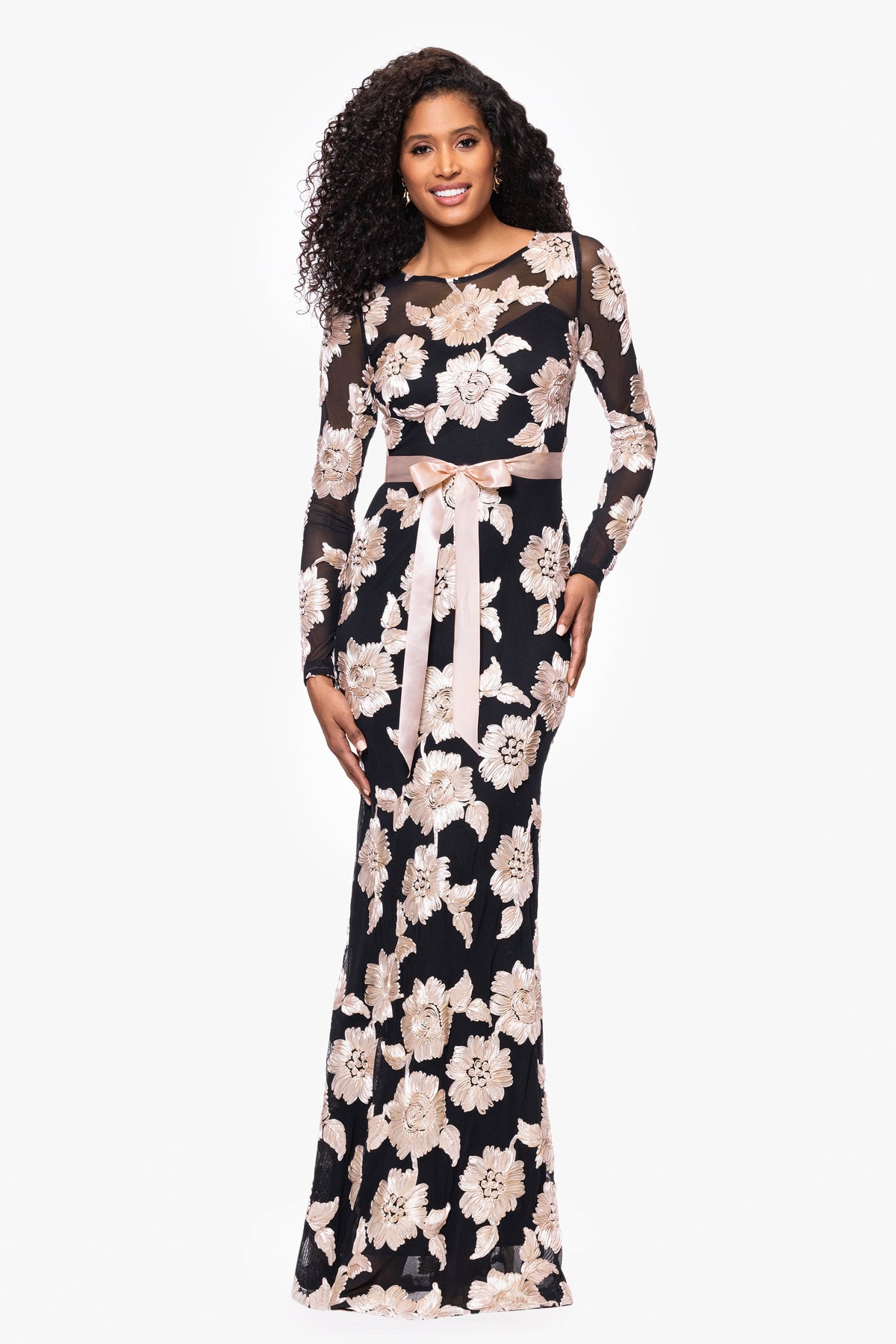 Petite "Juliana" Soutache Mesh Long Sleeve Dress - Black/Champagne | Betsy & Adam