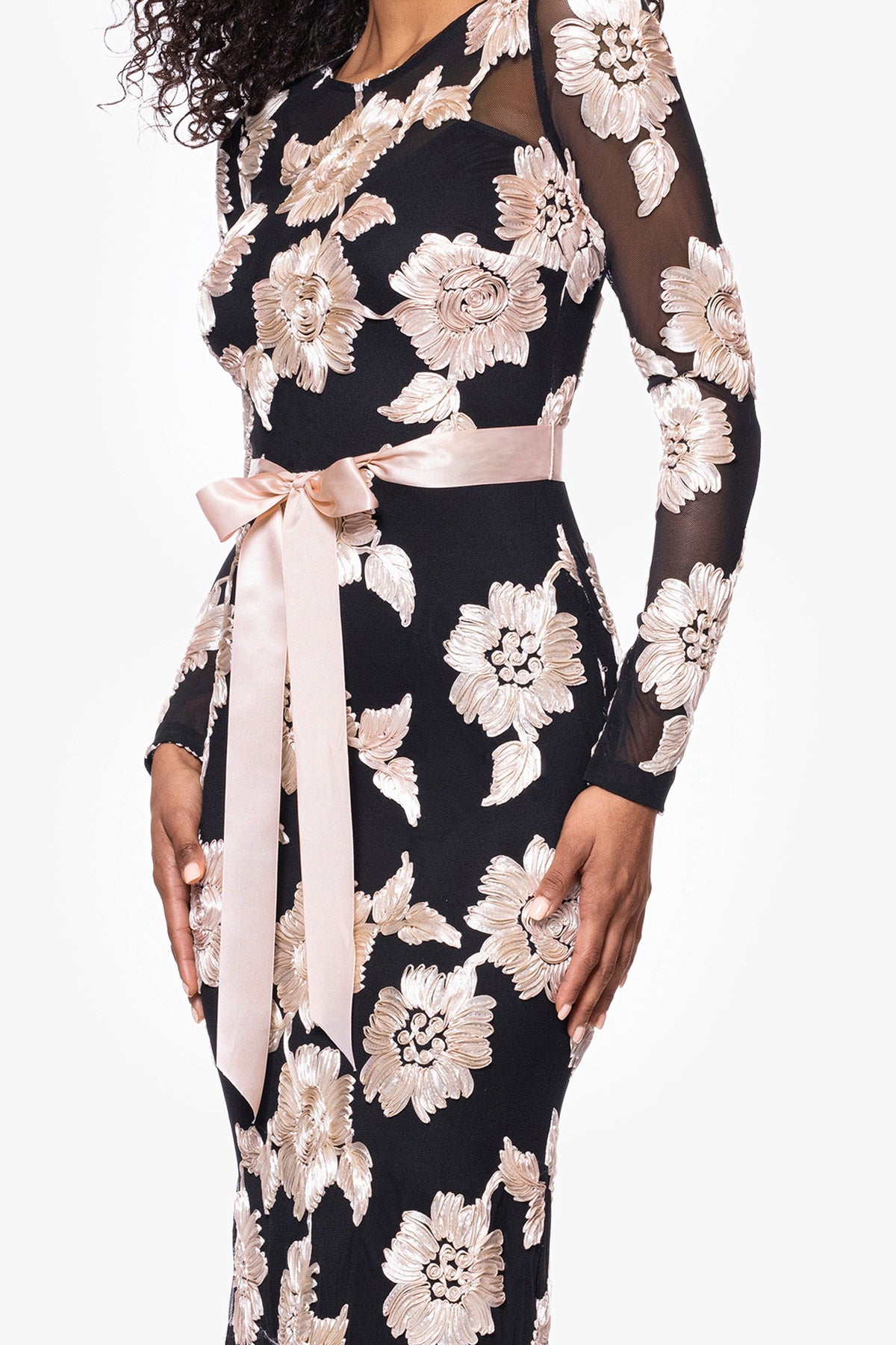 Petite "Juliana" Soutache Mesh Long Sleeve Dress - Black/Champagne | Betsy & Adam