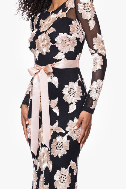 Petite "Juliana" Soutache Mesh Long Sleeve Dress - Black/Champagne | Betsy & Adam