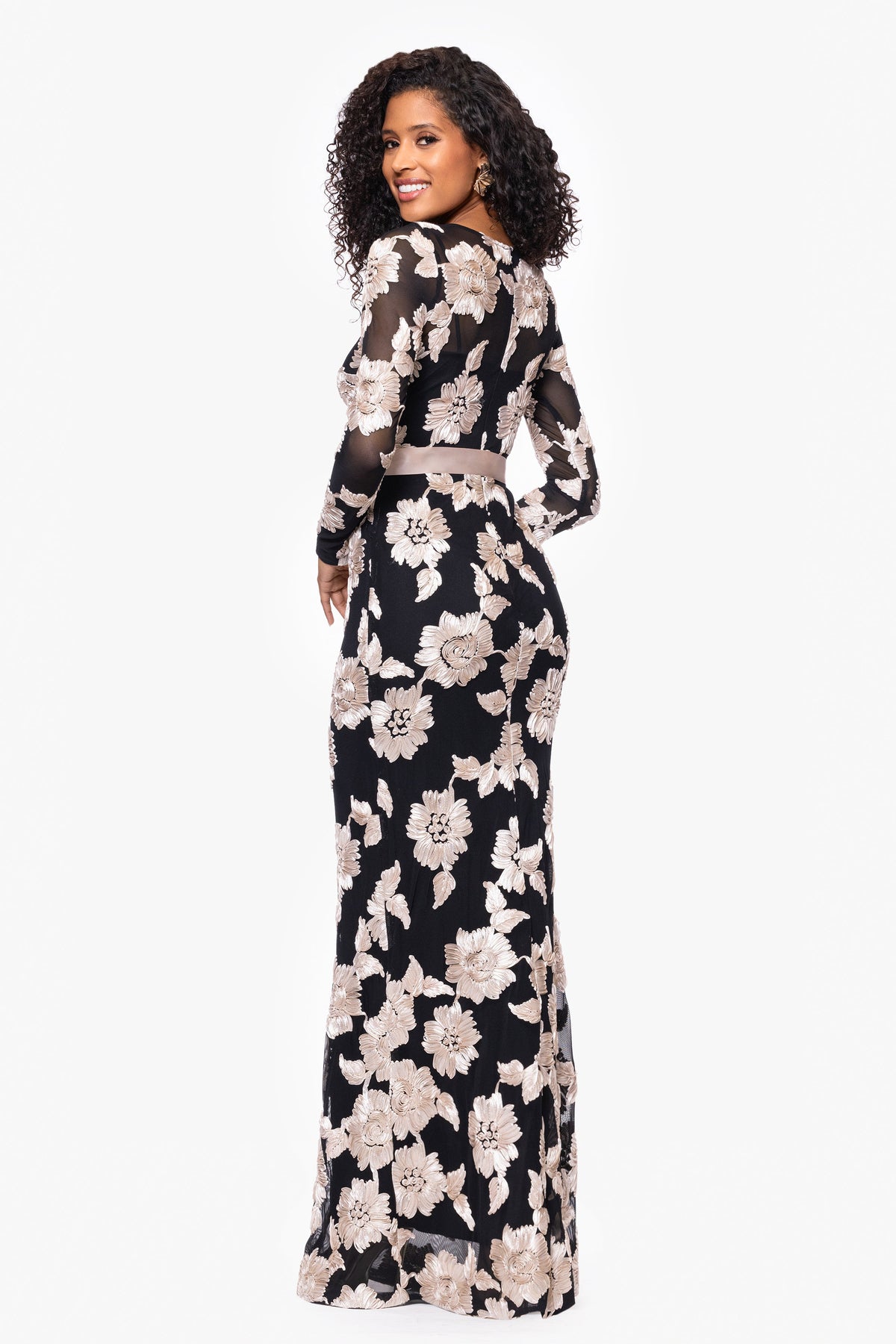 Petite "Juliana" Soutache Mesh Long Sleeve Dress - Black/Champagne | Betsy & Adam