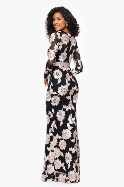 Petite "Juliana" Soutache Mesh Long Sleeve Dress - Black/Champagne | Betsy & Adam