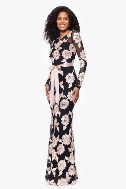 Petite "Juliana" Soutache Mesh Long Sleeve Dress - Black/Champagne | Betsy & Adam