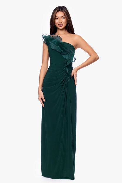 "Jade" Jersey Knit One Shoulder Organza Ruffle Dress - Forest | Betsy & Adam