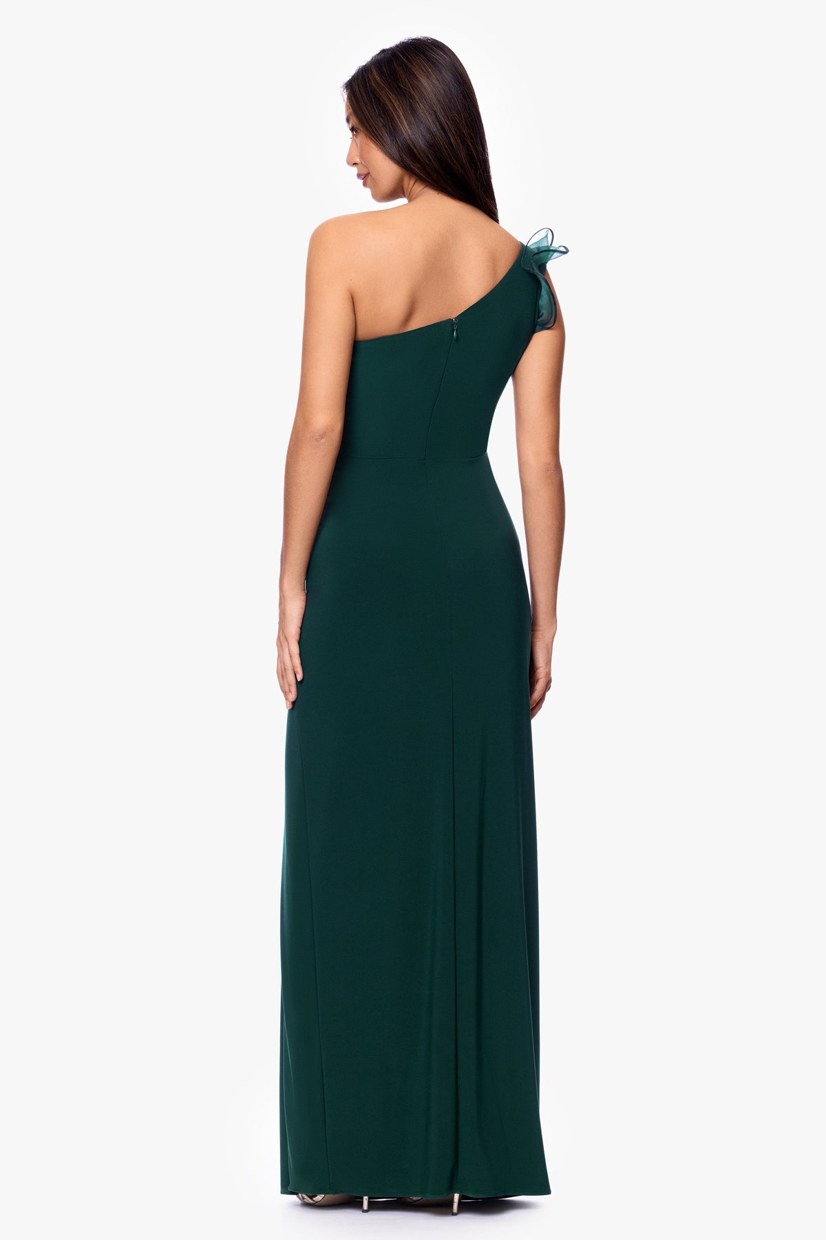 "Jade" Jersey Knit One Shoulder Organza Ruffle Dress - Forest | Betsy & Adam