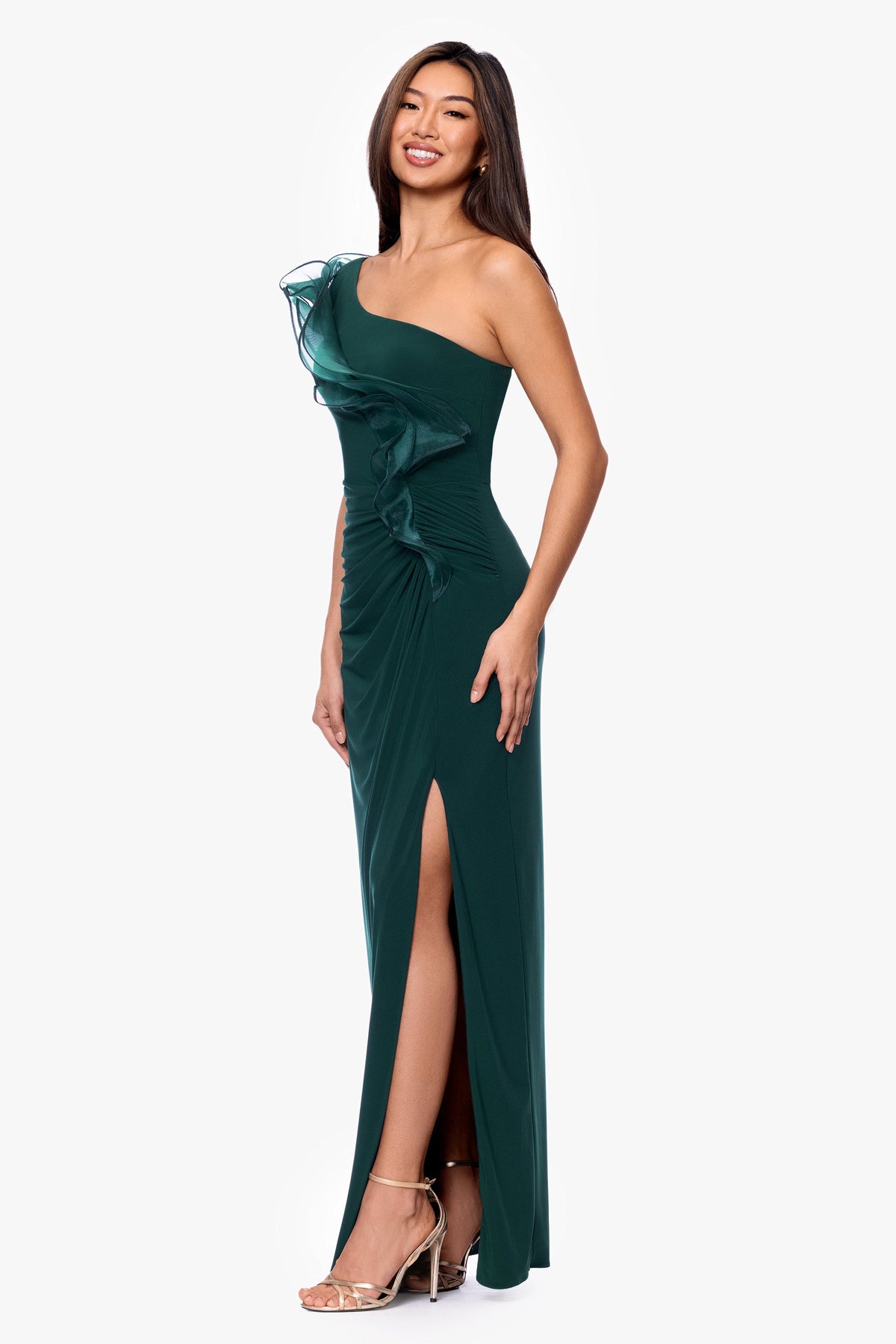 "Jade" Jersey Knit One Shoulder Organza Ruffle Dress - Forest | Betsy & Adam