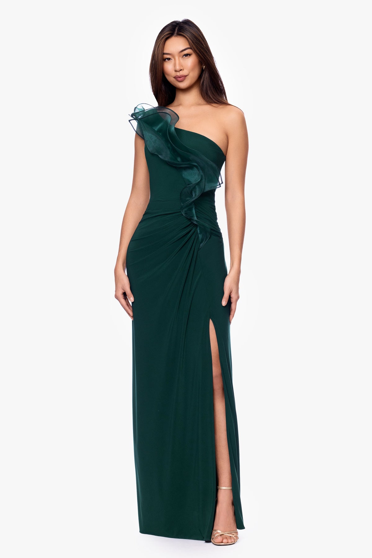 "Jade" Jersey Knit One Shoulder Organza Ruffle Dress - Forest | Betsy & Adam