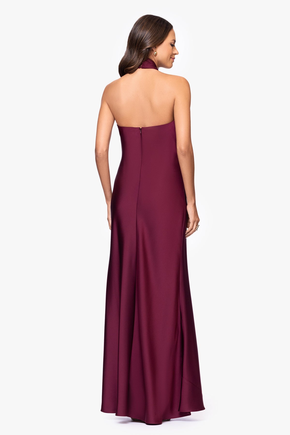 "Esmerelda" Satin Double Knotted Halter Neck Dress - Wine | Betsy & Adam