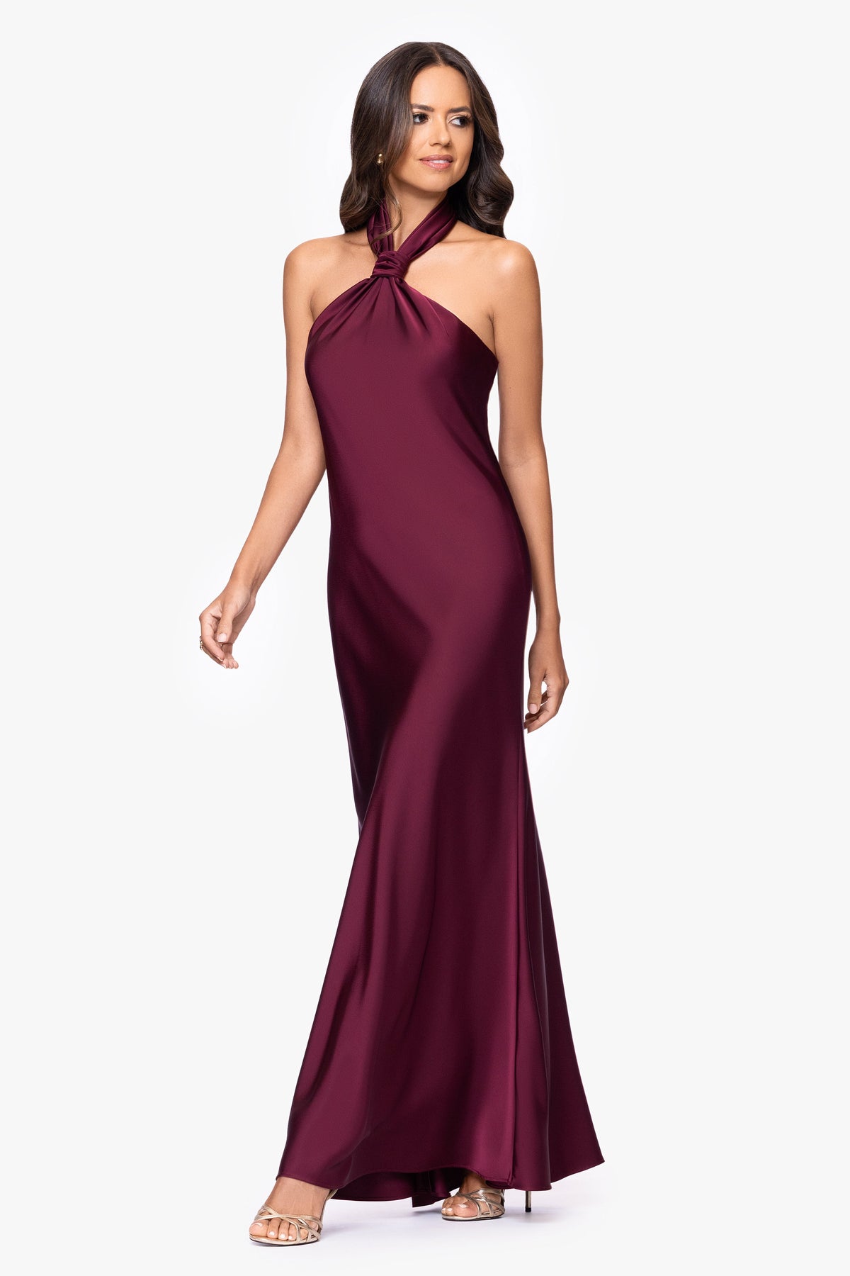"Esmerelda" Satin Double Knotted Halter Neck Dress - Wine | Betsy & Adam