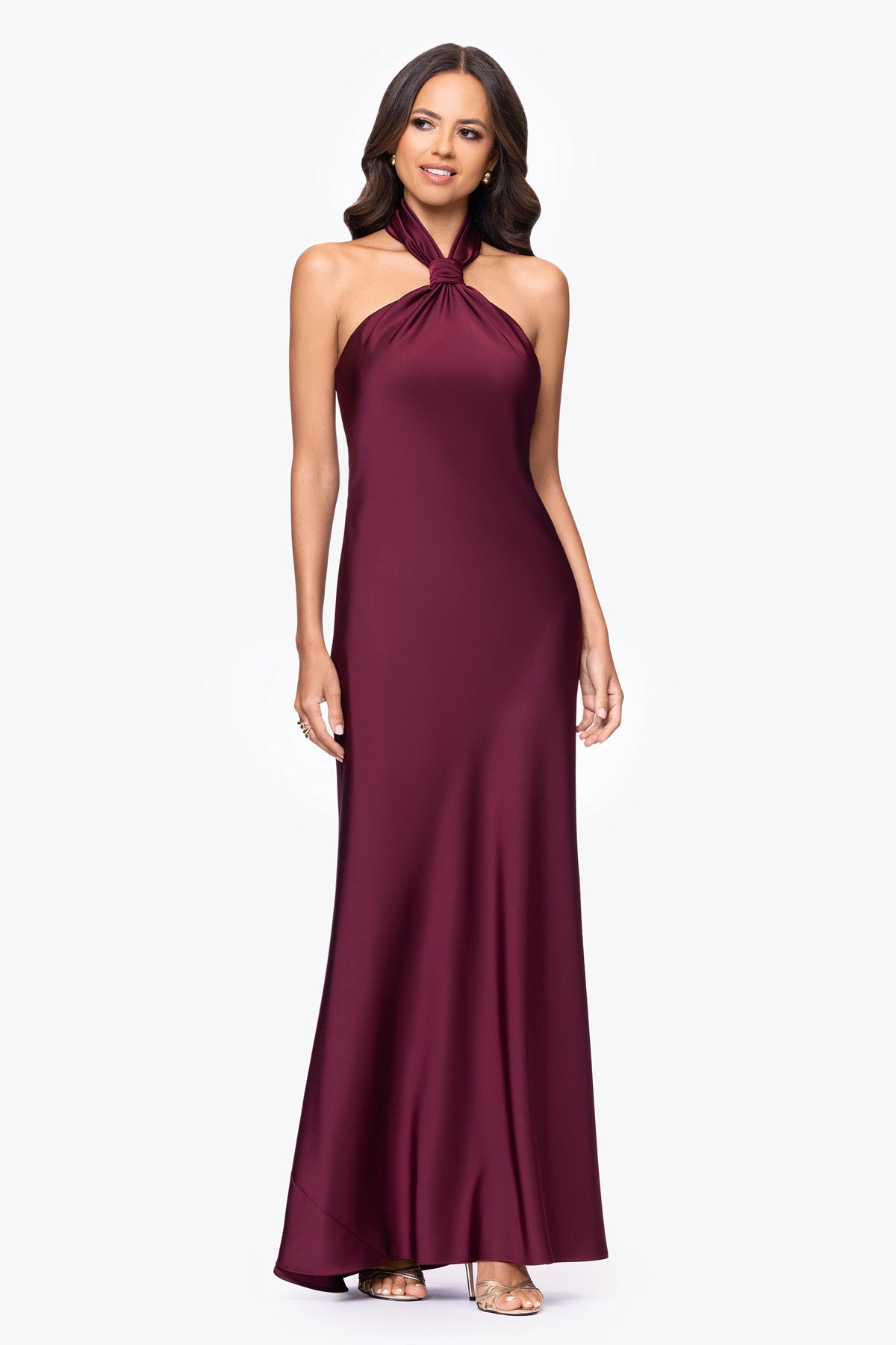 "Esmerelda" Satin Double Knotted Halter Neck Dress - Wine | Betsy & Adam