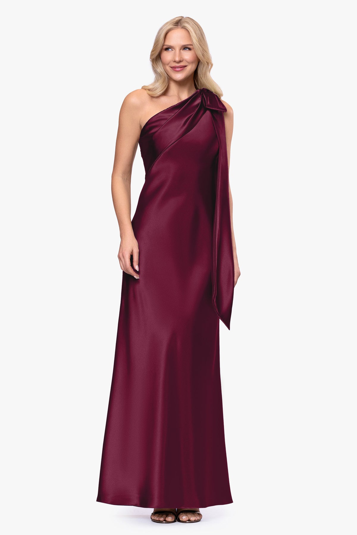 "Dove" Satin One Shoulder Bow Dress - Wine | Betsy & Adam