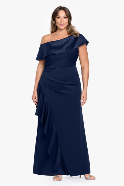 Plus "Mariah" Techno Scuba Off The Shoulder Dress - Midnight | Betsy & Adam