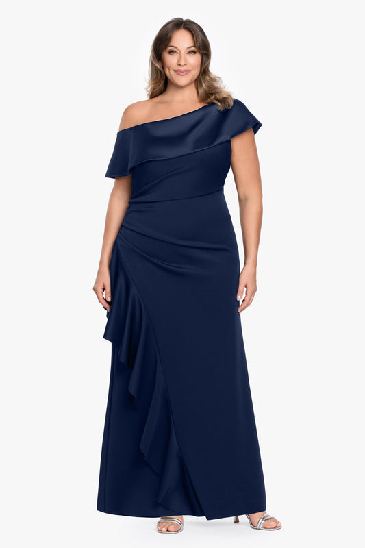 Plus "Mariah" Techno Scuba Off The Shoulder Dress - Midnight | Betsy & Adam