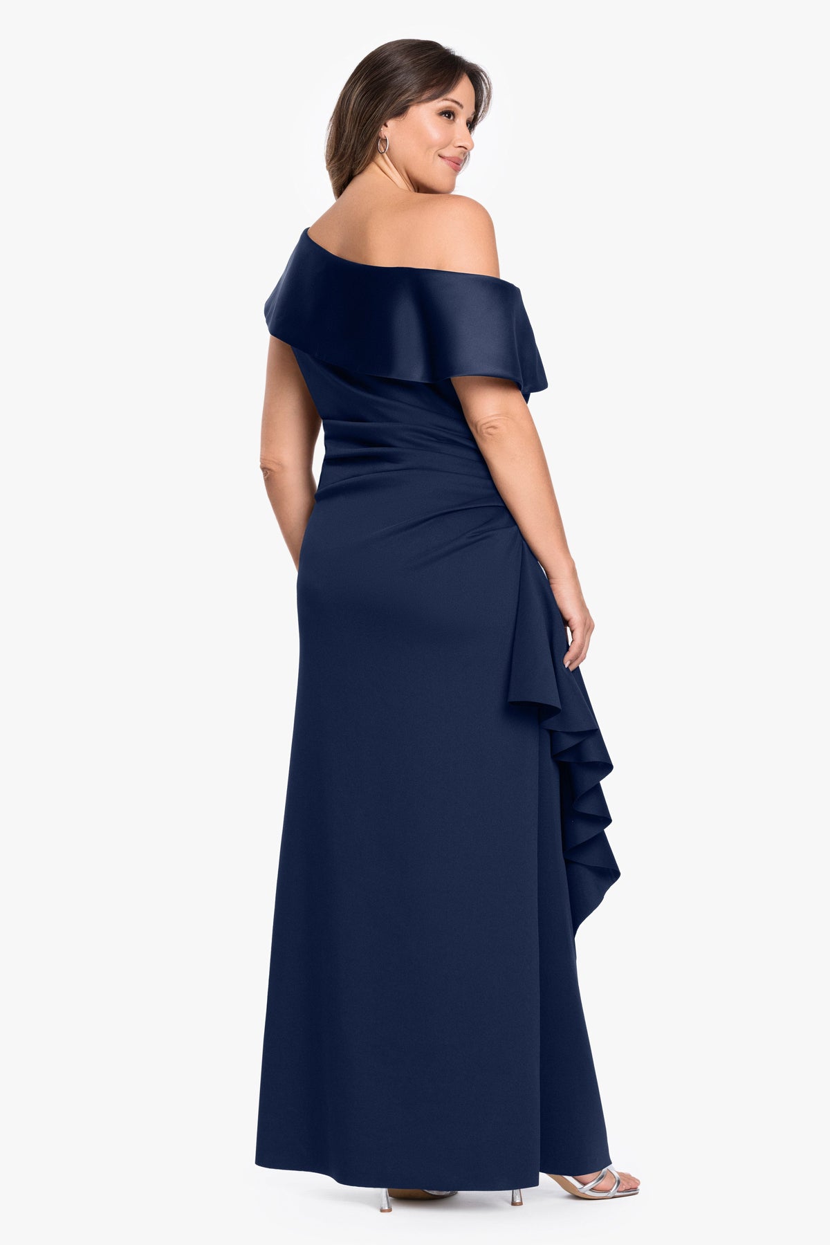 Plus "Mariah" Techno Scuba Off The Shoulder Dress - Midnight | Betsy & Adam