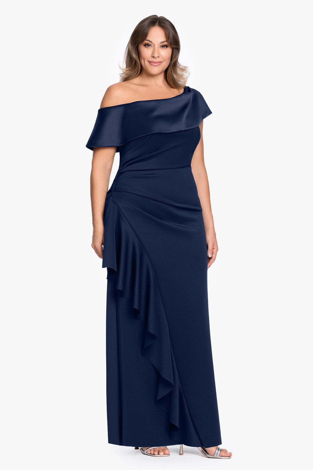 Plus "Mariah" Techno Scuba Off The Shoulder Dress - Midnight | Betsy & Adam
