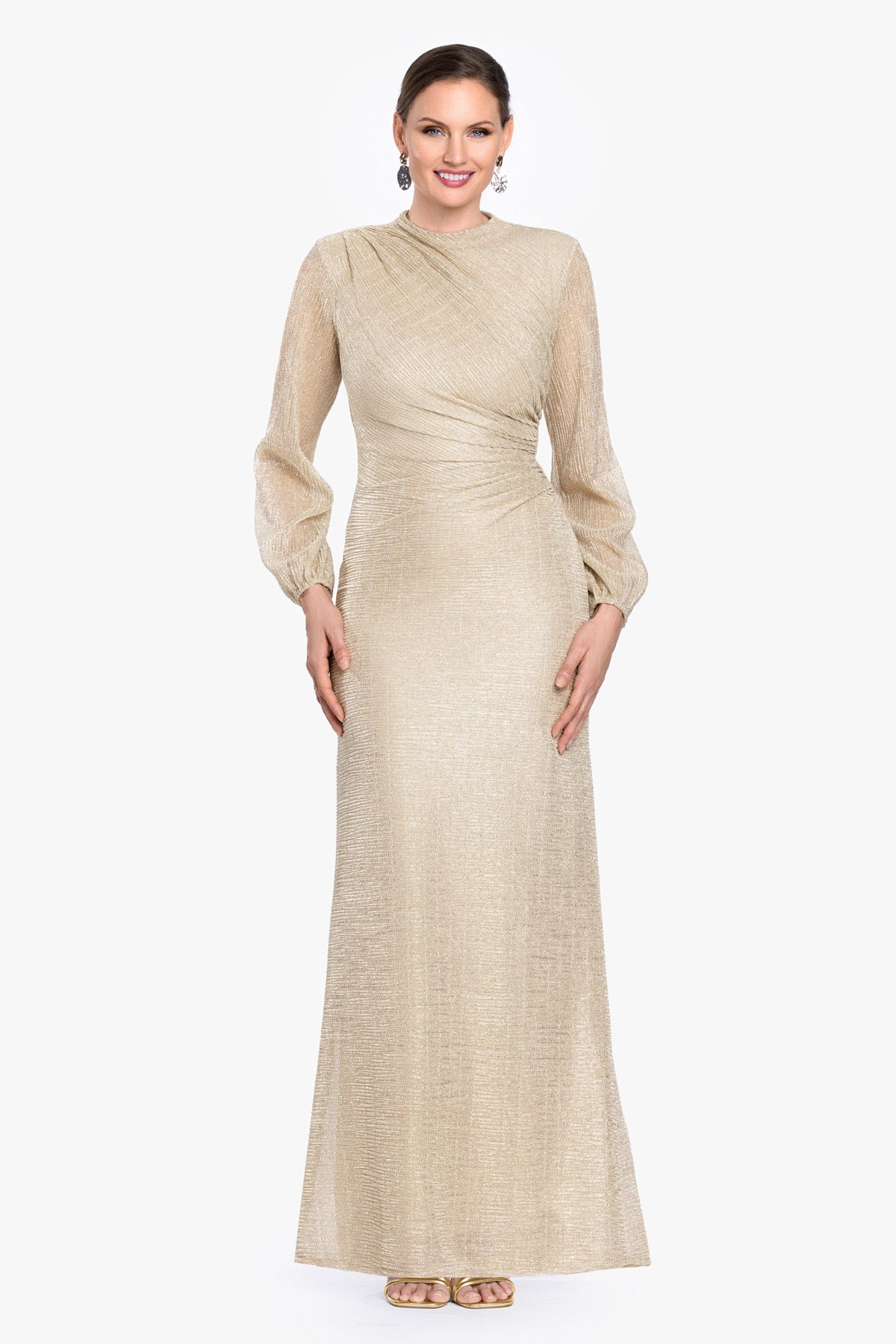 Petite "Jayline" Metallic Long Sleeve Dress - Gold/Gold | Betsy & Adam