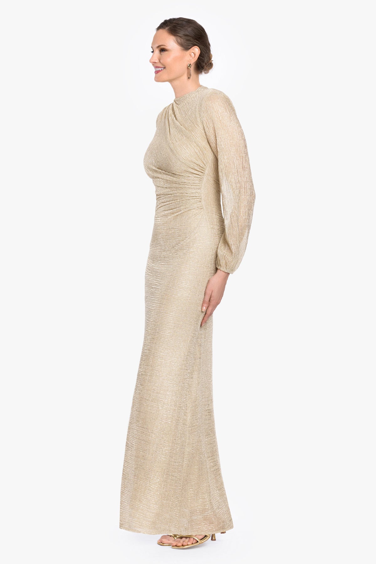 Petite "Jayline" Metallic Long Sleeve Dress - Gold/Gold | Betsy & Adam