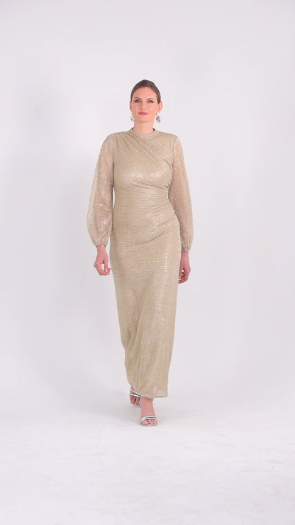 Petite "Jayline" Metallic Long Sleeve Dress - Gold/Gold | Betsy & Adam