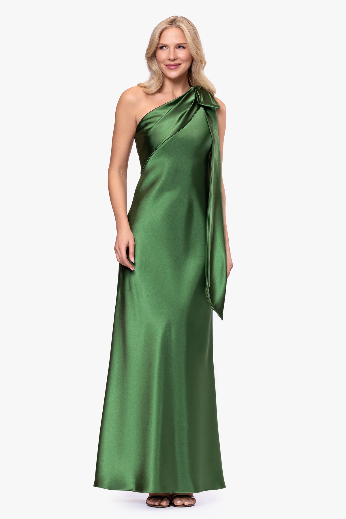 "Dove" Satin One Shoulder Bow Dress - Moss | Betsy & Adam