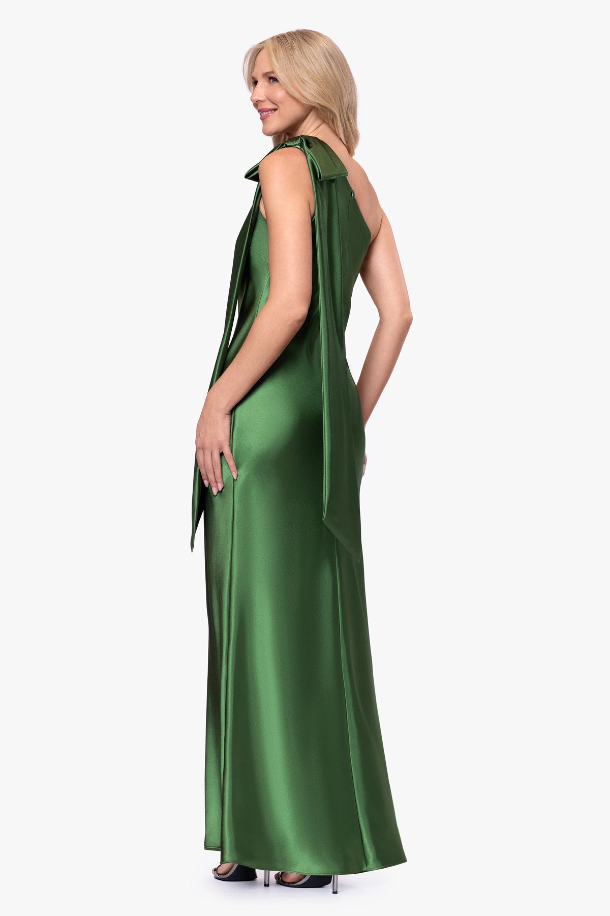 "Dove" Satin One Shoulder Bow Dress - Moss | Betsy & Adam