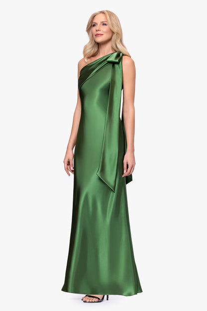 "Dove" Satin One Shoulder Bow Dress - Moss | Betsy & Adam