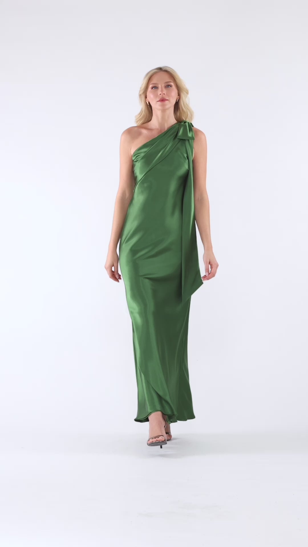 "Dove" Satin One Shoulder Bow Dress - Moss | Betsy & Adam