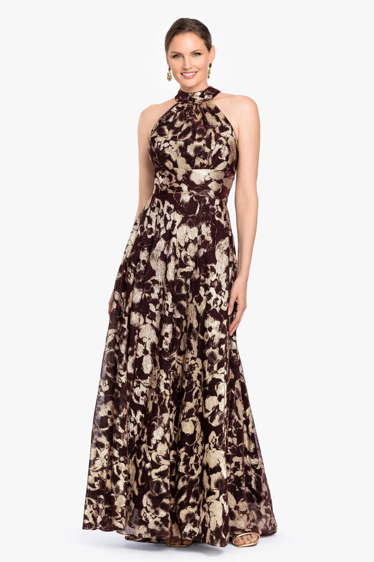 "Alara" Metallic Halter Neck Dress - Wine/Gold | Betsy & Adam