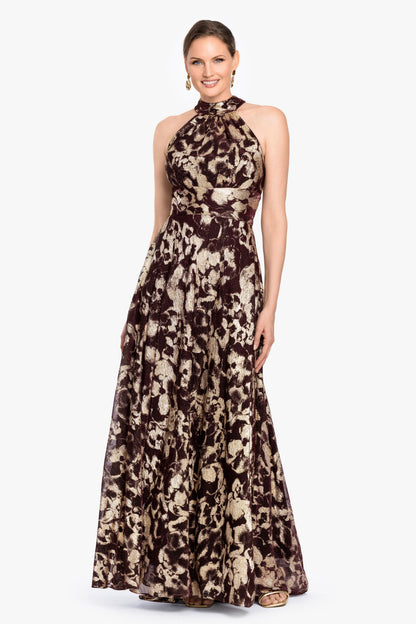 "Alara" Metallic Halter Neck Dress - Wine/Gold | Betsy & Adam