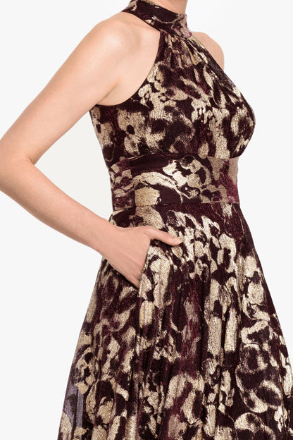 "Alara" Metallic Halter Neck Dress - Wine/Gold | Betsy & Adam