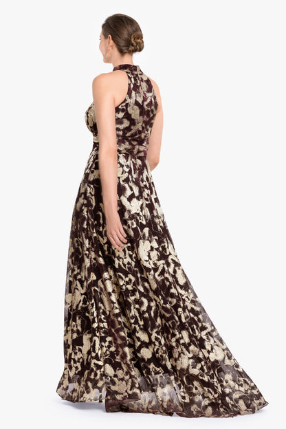 "Alara" Metallic Halter Neck Dress - Wine/Gold | Betsy & Adam