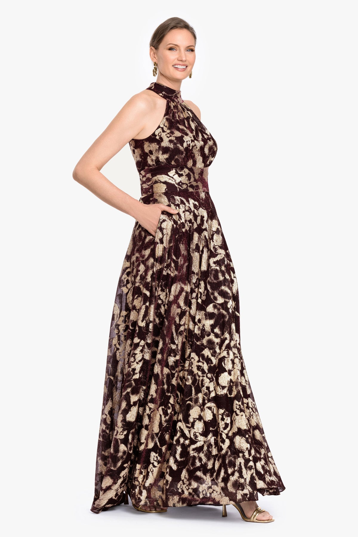 "Alara" Metallic Halter Neck Dress - Wine/Gold | Betsy & Adam