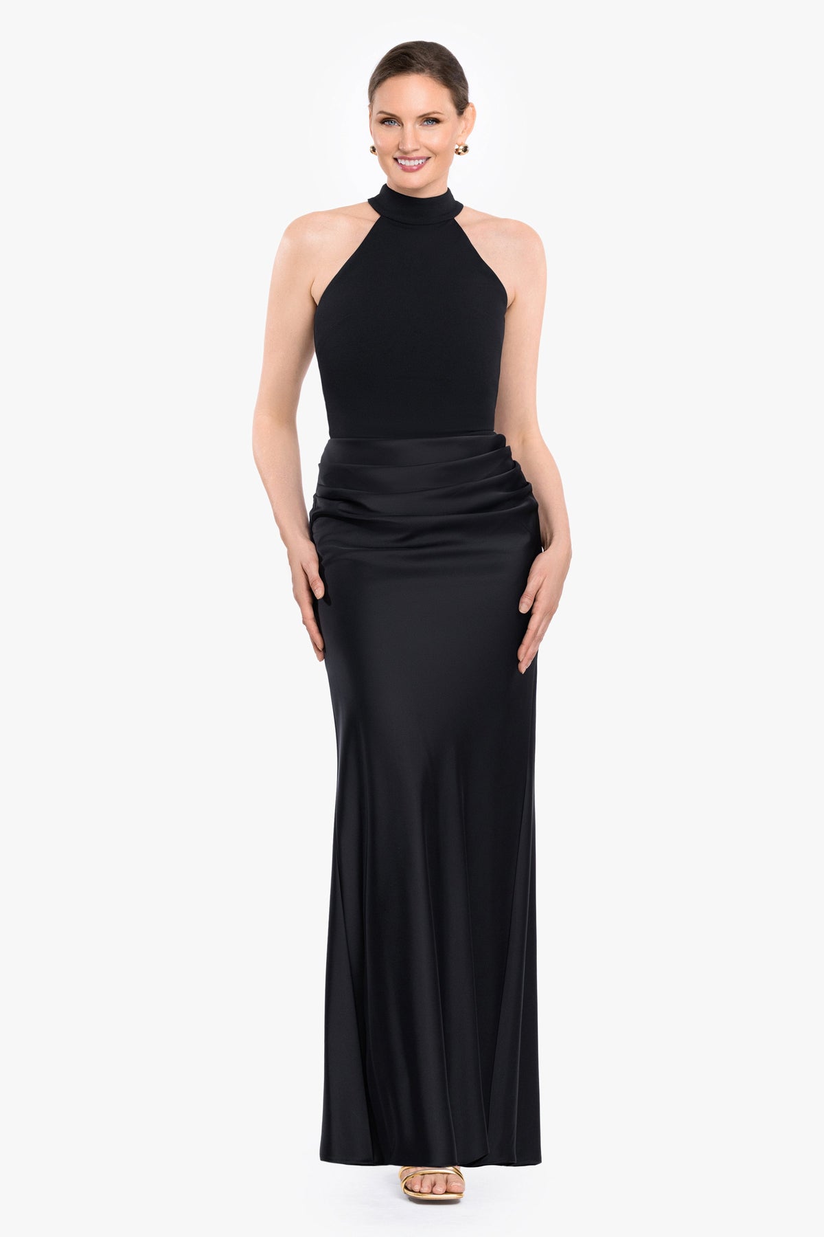 "Jamie" Double Face Satin Mock Neck Dress - Black | Betsy & Adam