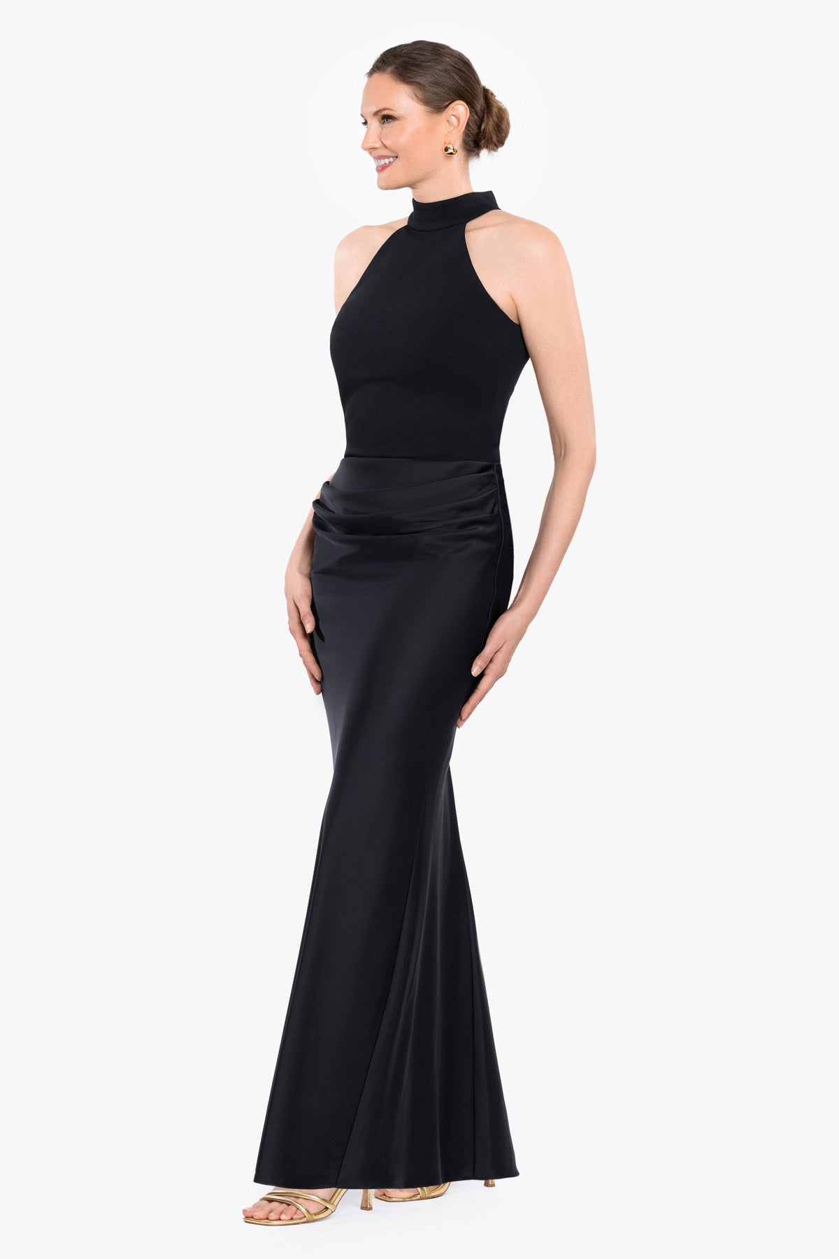 "Jamie" Double Face Satin Mock Neck Dress - Black | Betsy & Adam