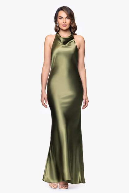 "Shannon" Satin Halter Necktie Dress - Olive | Betsy & Adam