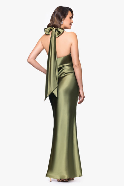 "Shannon" Satin Halter Necktie Dress - Olive | Betsy & Adam
