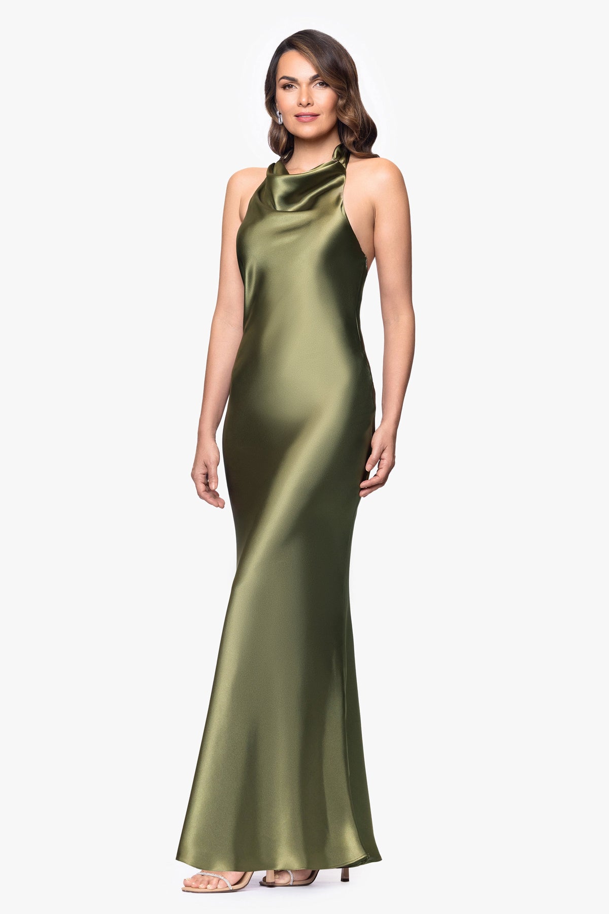 "Shannon" Satin Halter Necktie Dress - Olive | Betsy & Adam