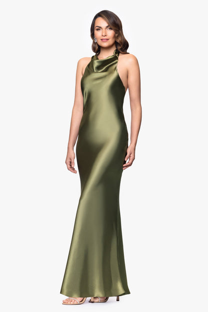 "Shannon" Satin Halter Necktie Dress - Olive | Betsy & Adam