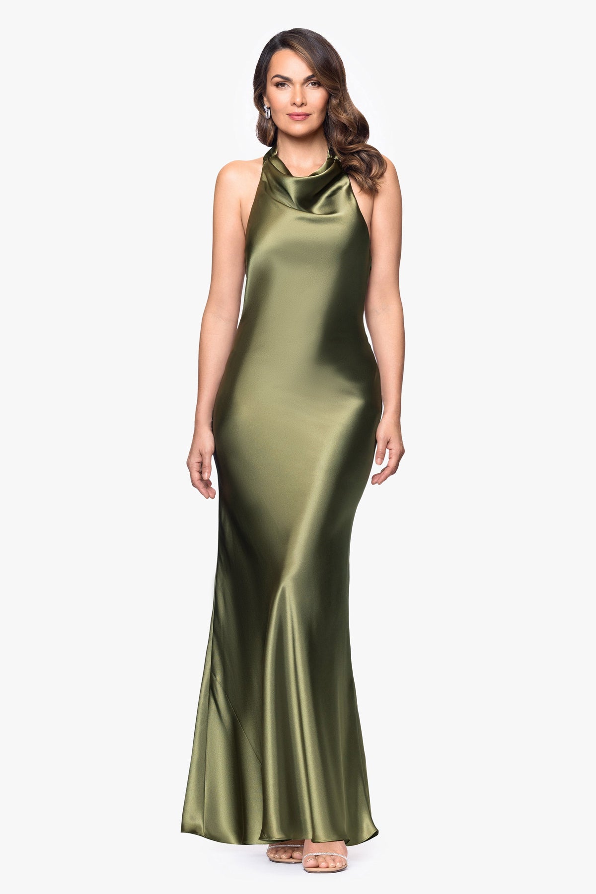 "Shannon" Satin Halter Necktie Dress - Olive | Betsy & Adam