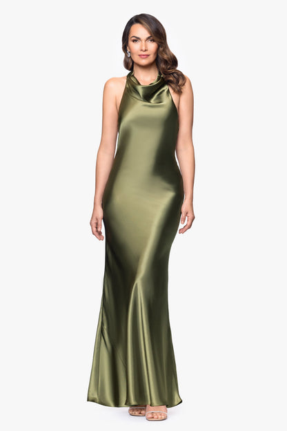 "Shannon" Satin Halter Necktie Dress - Olive | Betsy & Adam