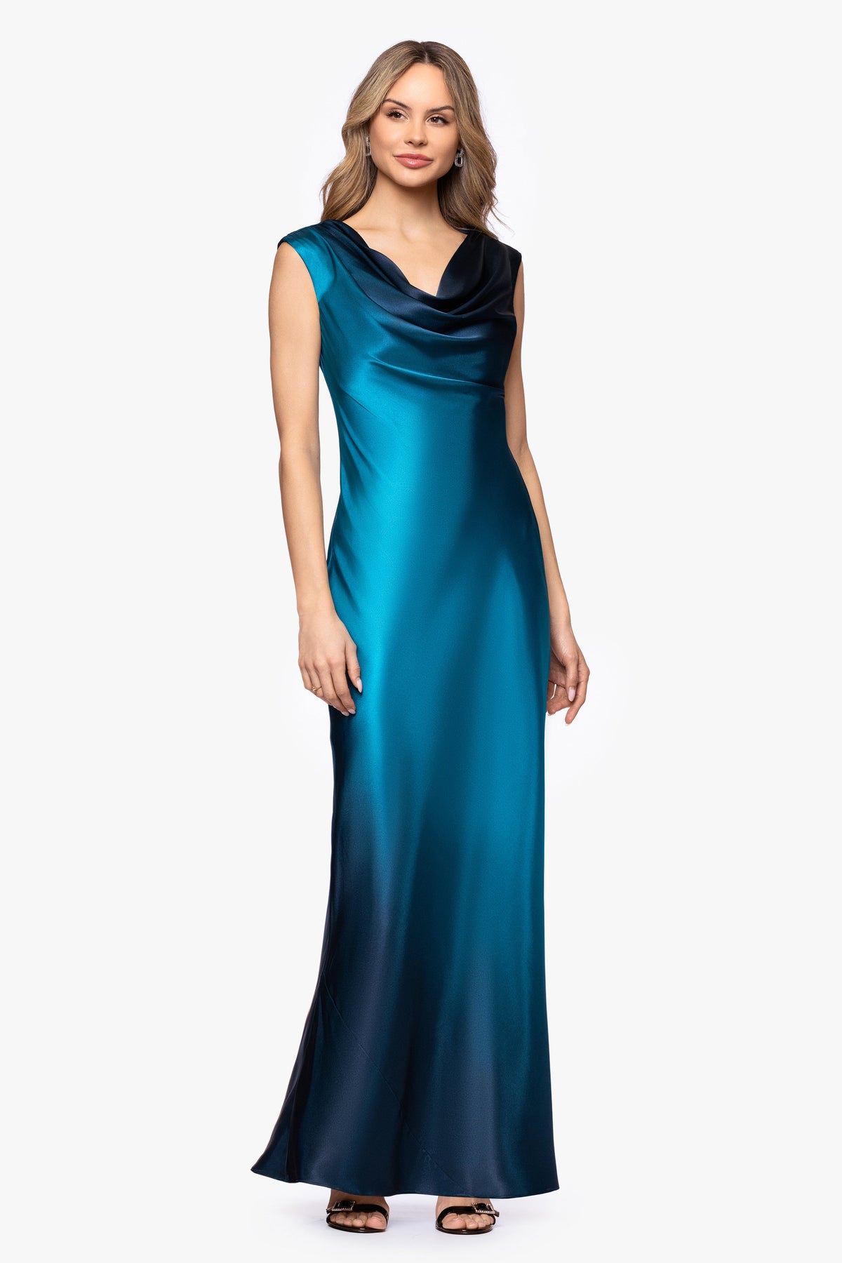 "Annika" Ombre Satin Drape Neck Dress - Navy/Teal | Betsy & Adam