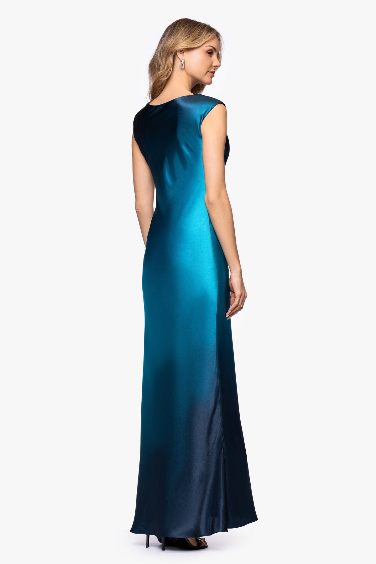 "Annika" Ombre Satin Drape Neck Dress - Navy/Teal | Betsy & Adam