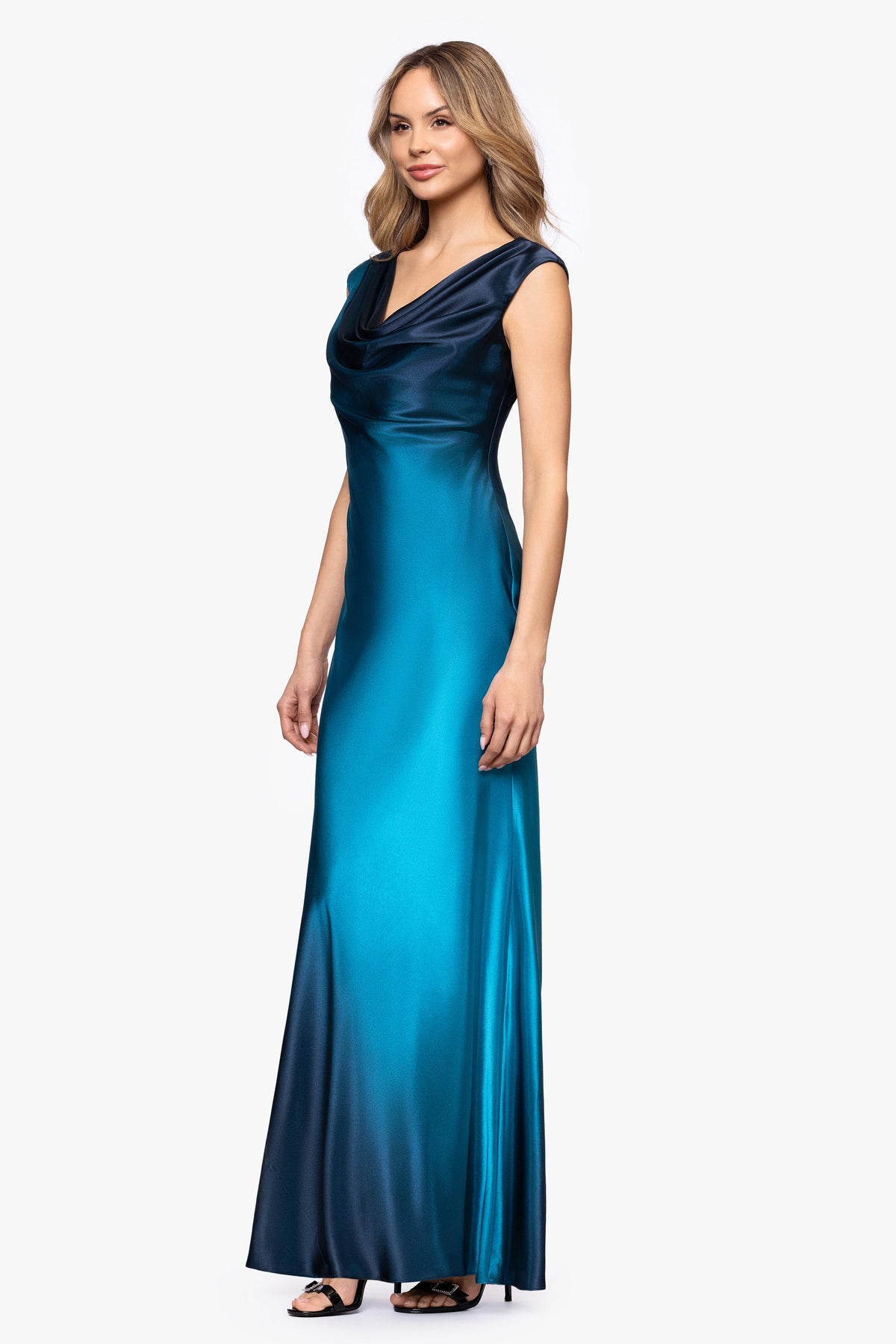 "Annika" Ombre Satin Drape Neck Dress - Navy/Teal | Betsy & Adam