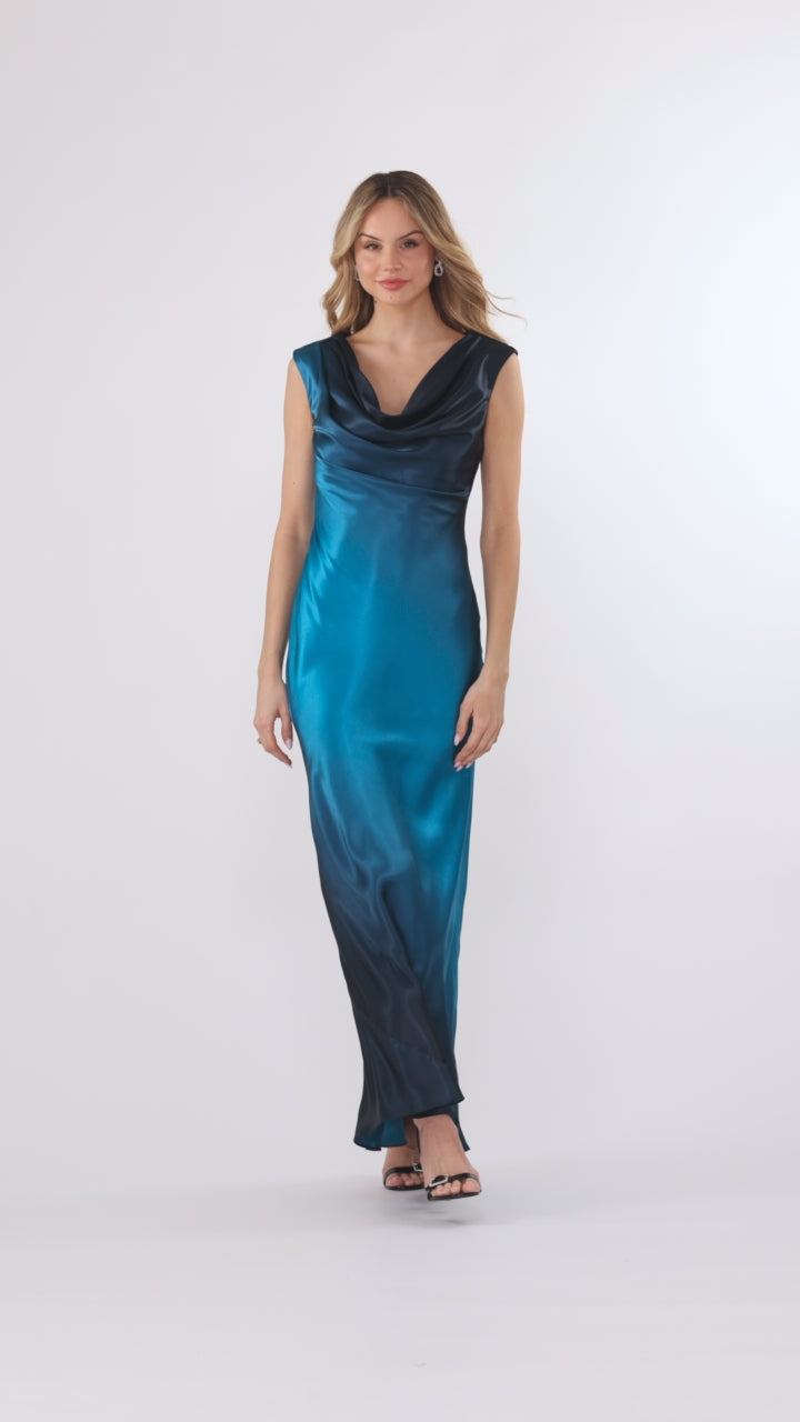 "Annika" Ombre Satin Drape Neck Dress - Navy/Teal | Betsy & Adam
