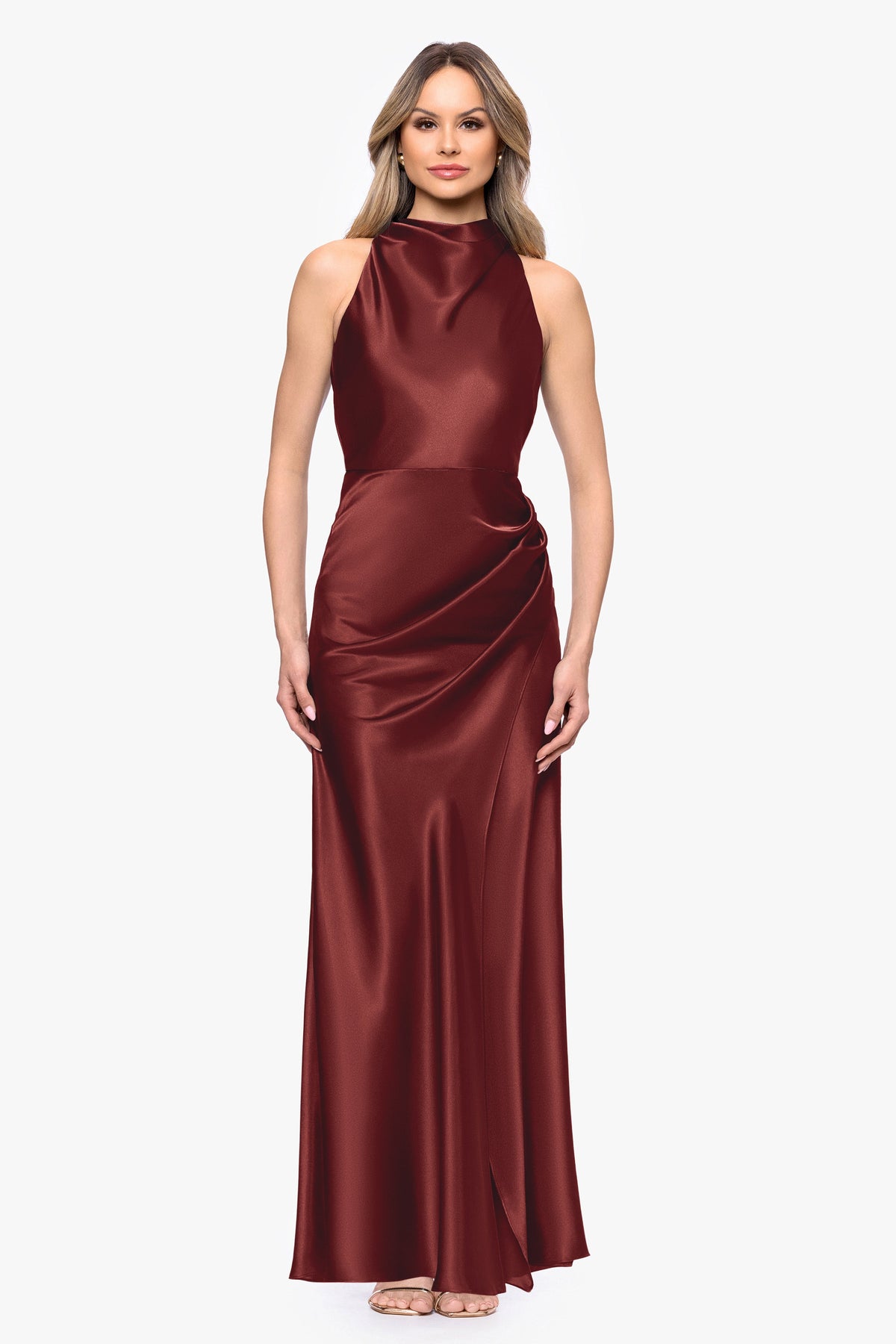 "Tatum" Satin Cowl Mock Neck Dress - Nutmeg | Betsy & Adam