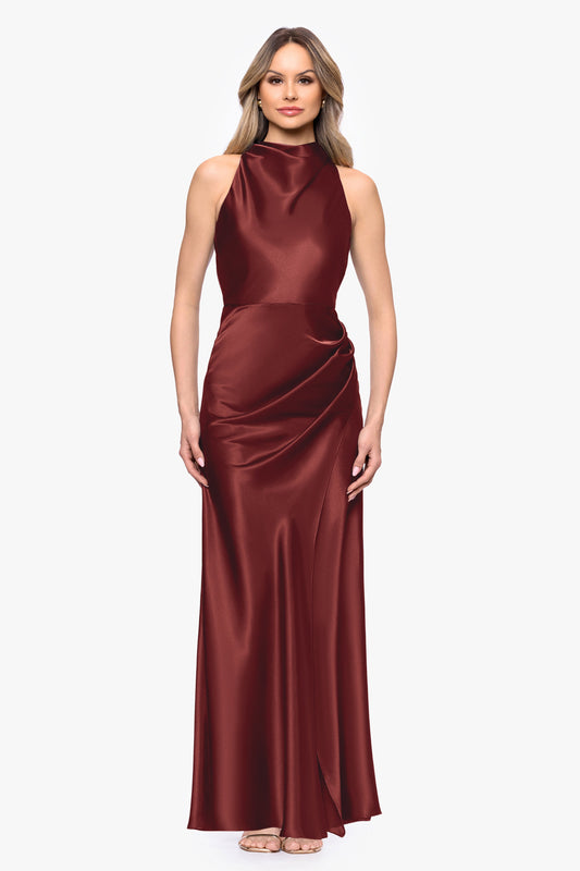 "Tatum" Satin Cowl Mock Neck Dress - Nutmeg | Betsy & Adam