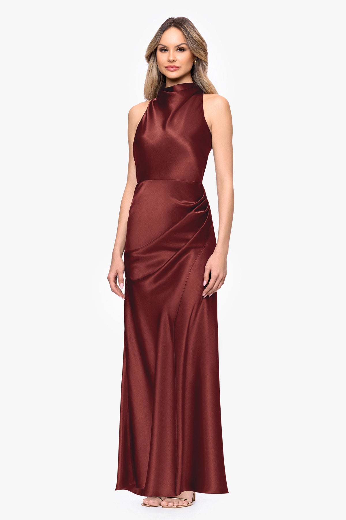 "Tatum" Satin Cowl Mock Neck Dress - Nutmeg | Betsy & Adam