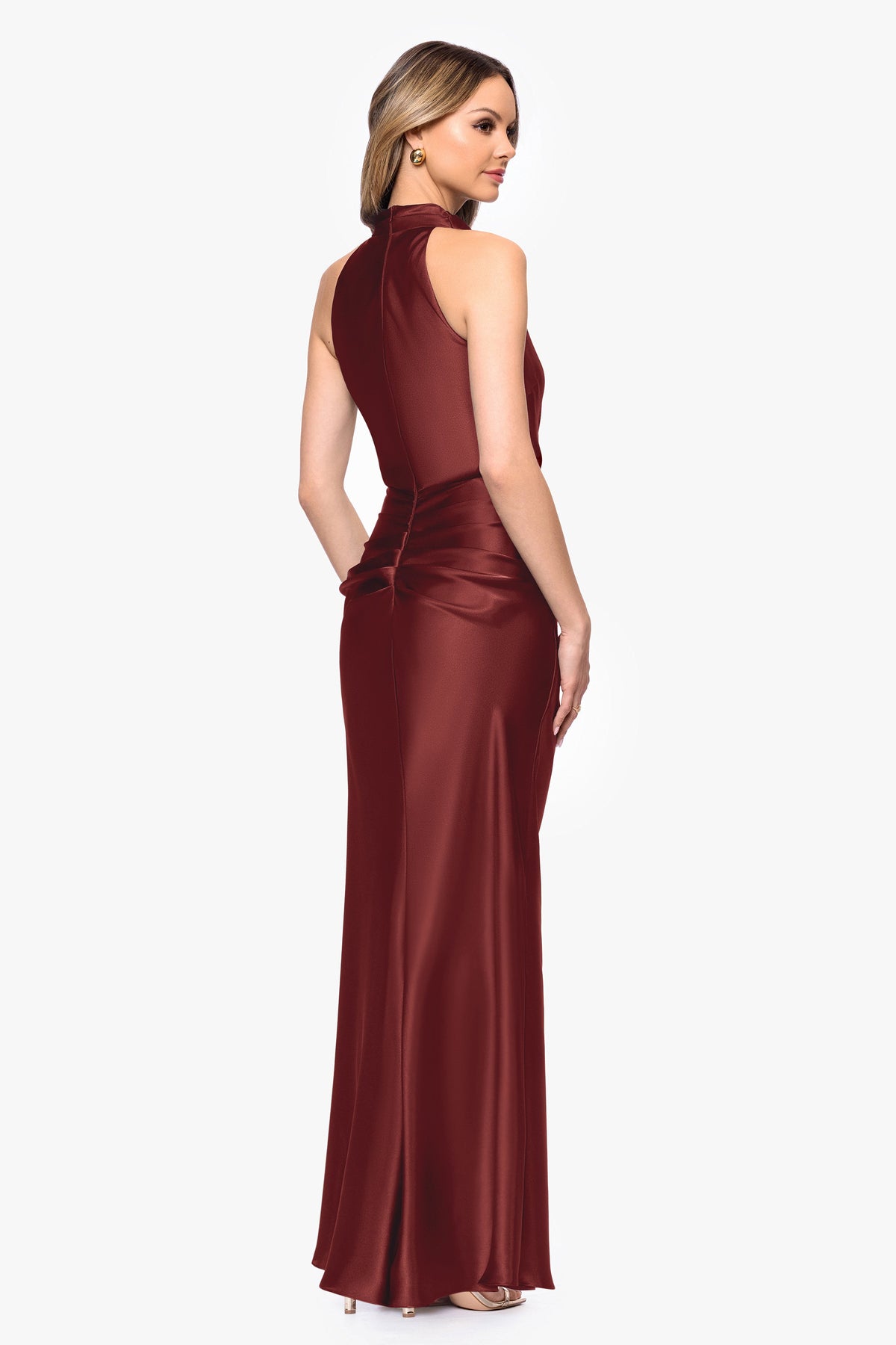 "Tatum" Satin Cowl Mock Neck Dress - Nutmeg | Betsy & Adam