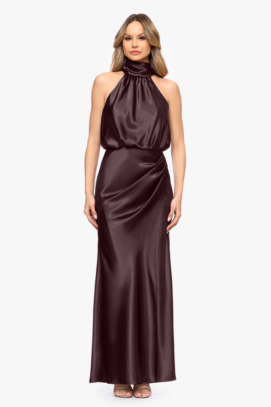 "Tara" Satin Tie Neck Dress - Chocolate | Betsy & Adam