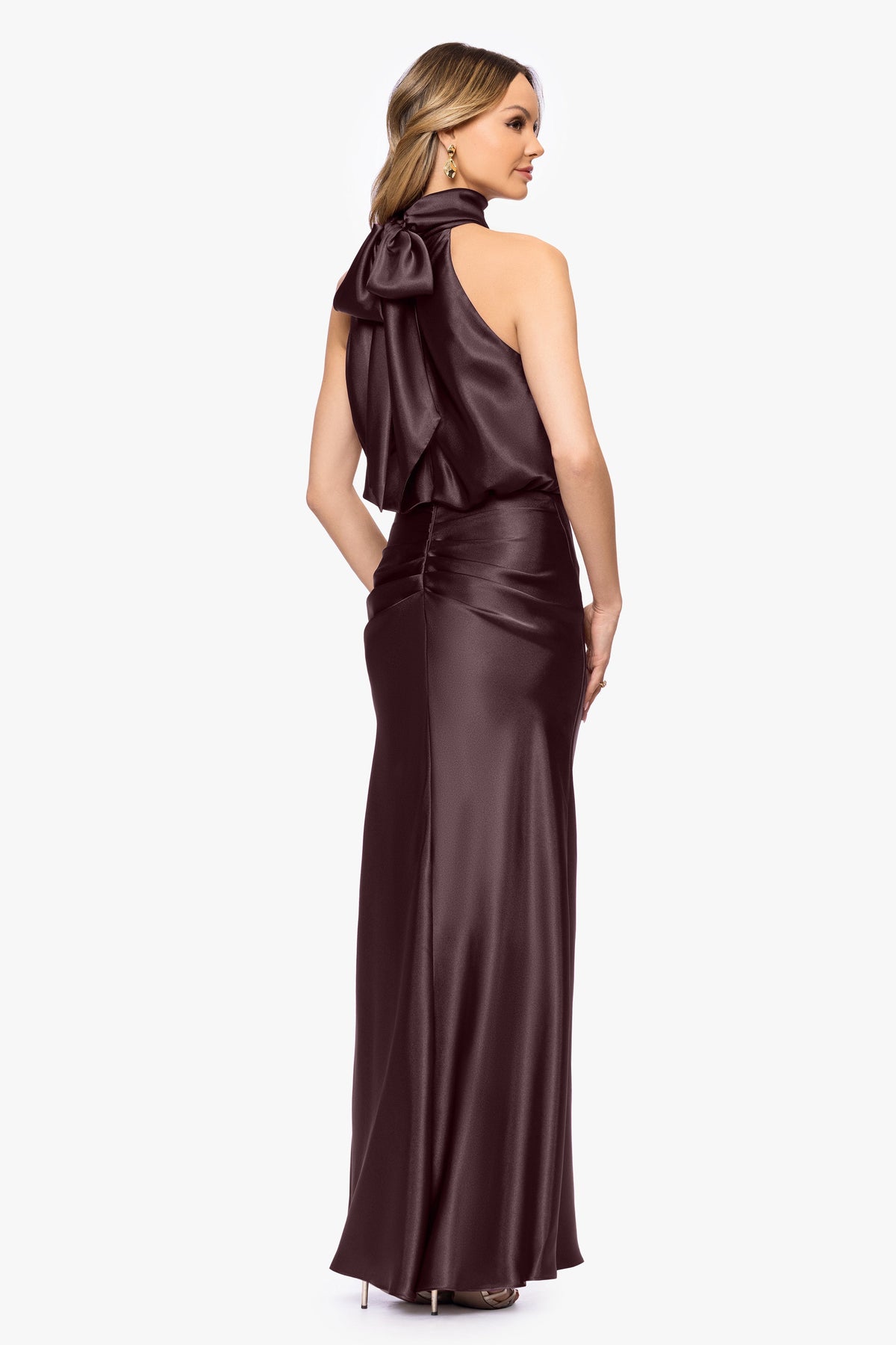 "Tara" Satin Tie Neck Dress - Chocolate | Betsy & Adam
