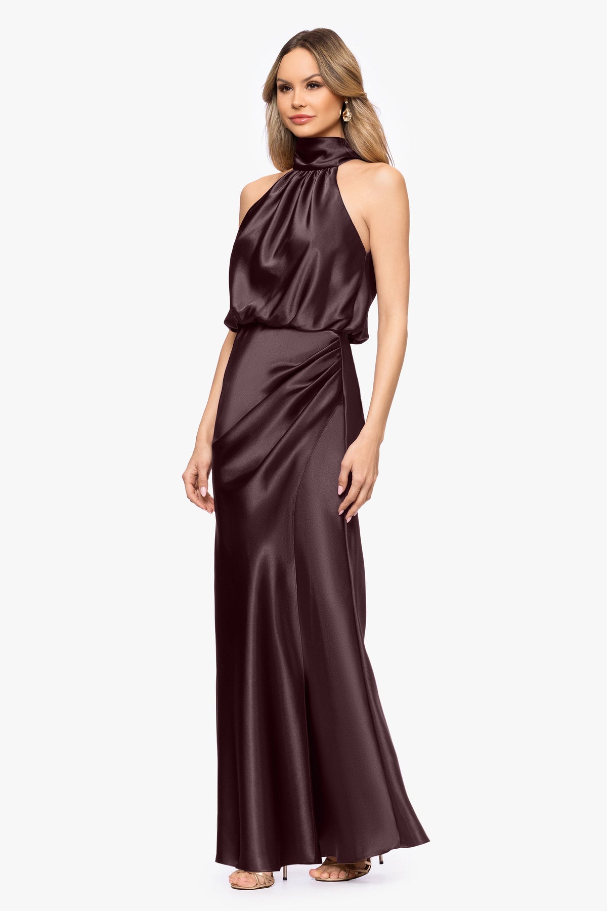 "Tara" Satin Tie Neck Dress - Chocolate | Betsy & Adam