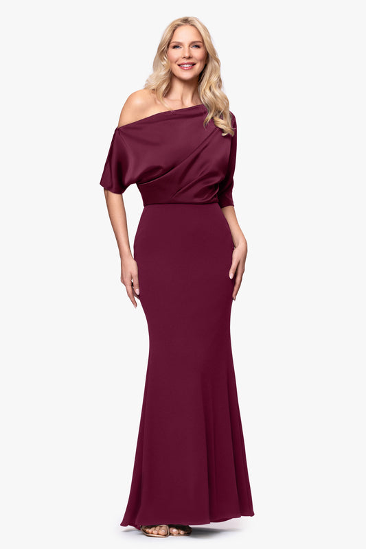 "Ana" Scuba Crepe & Satin Drop Shoulder Dress - Wine | Betsy & Adam